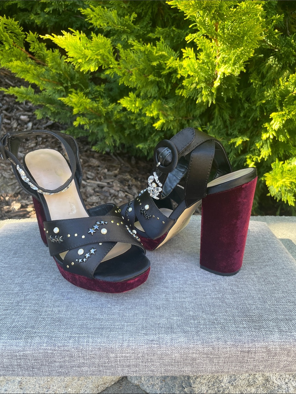 Mix No. 6 Black Crisscross Platform Sandals with Burgundy Velvet Heel